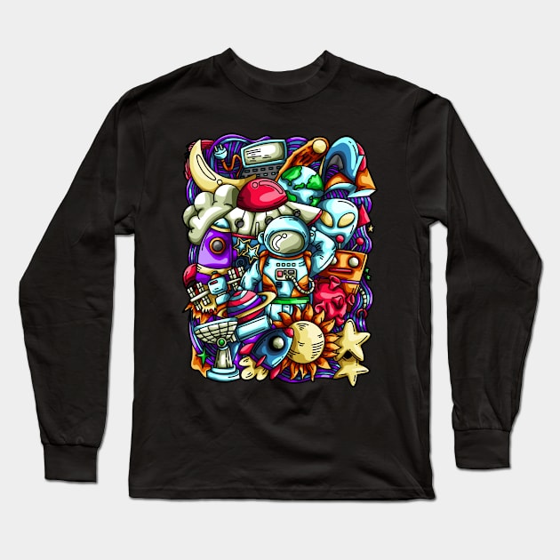 Space Doodle Illustration Long Sleeve T-Shirt by Kincrevstudio